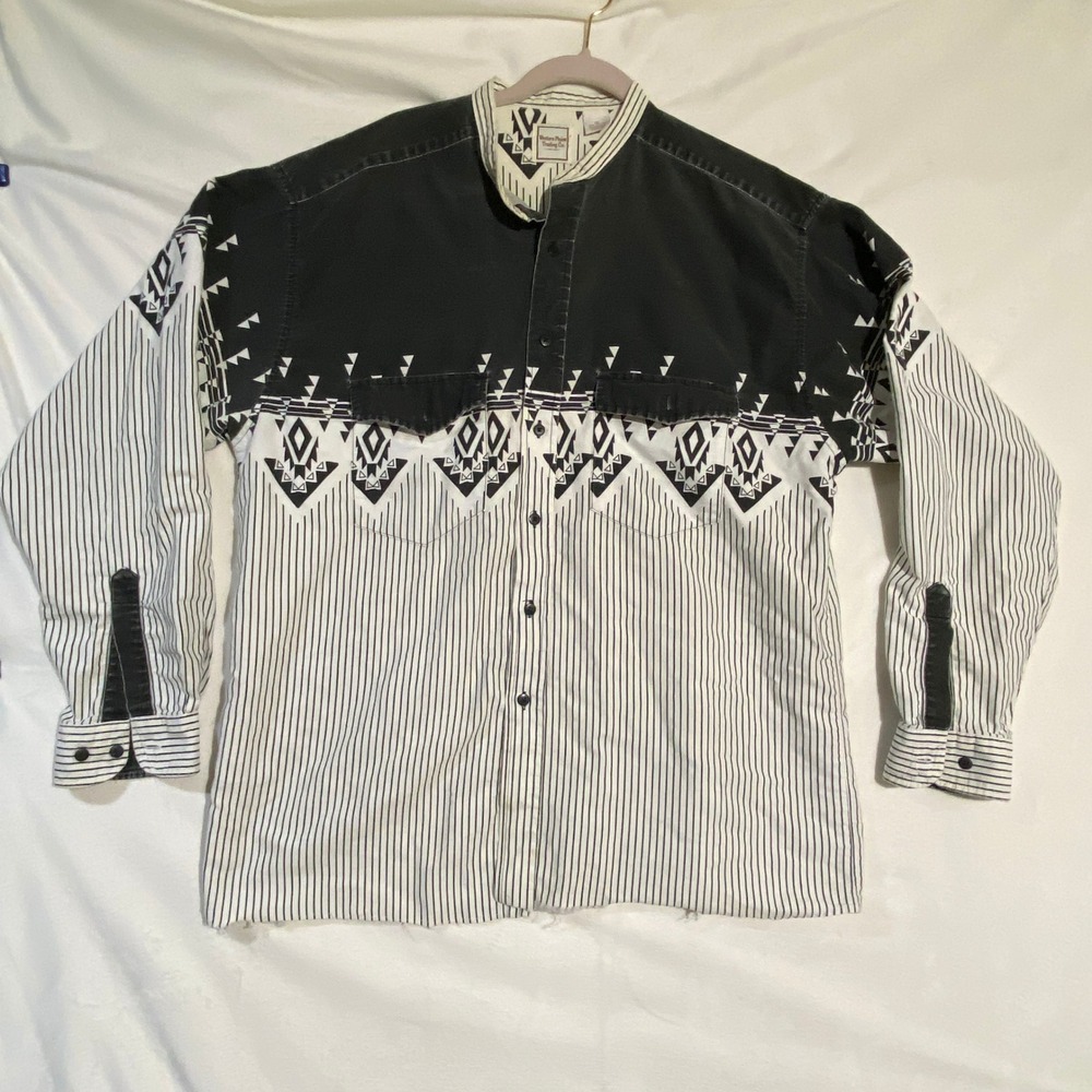 Western Plains Trading Co Mens XL Aztec Southwestern Striped Band Collar Shirt